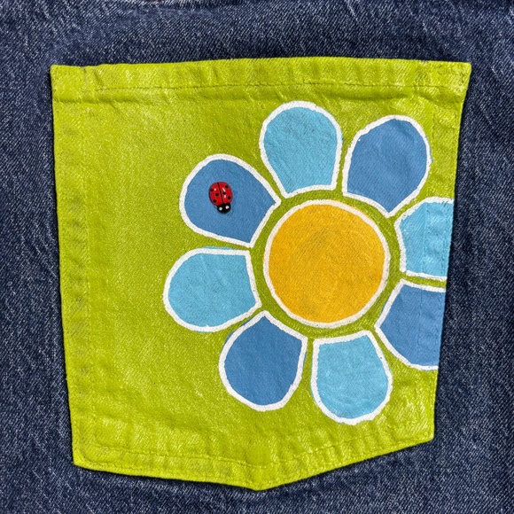 Old Navy Jeans Painted Mod Retro 70s Flower Blue Green High Rise Curvy Wide Leg - Picture 11 of 12